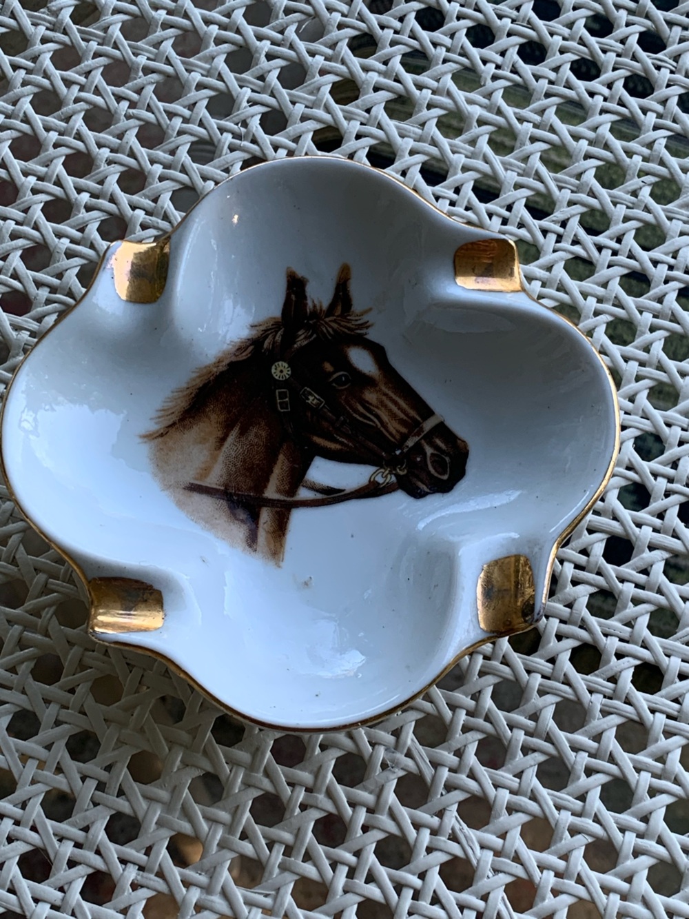 Vintage Mid Century Horse Porcelain Ashtray Gold Accents